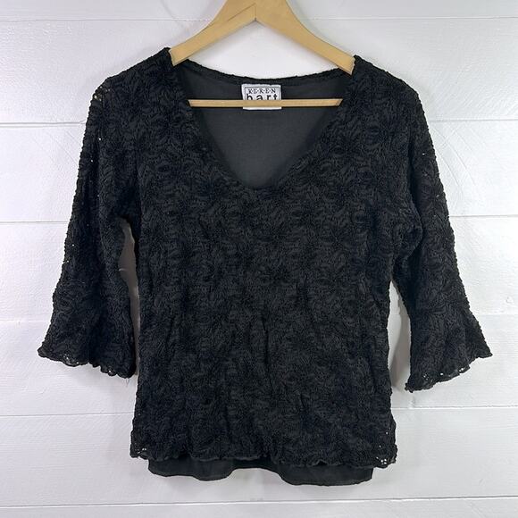 KEREN HART Black Flor Lace‎ V Neck 3/4 Bell Sleeves Shirt Blouse Top Size Small - Picture 1 of 11